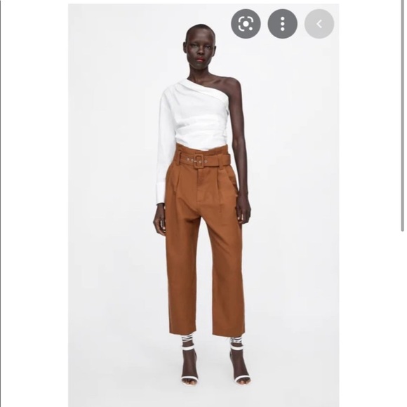 Zara Brown Paper Bag Cropped Linen Pants High Rise Medium - Picture 2 of 7